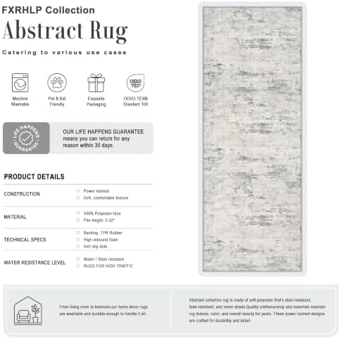 2.6x10 Washable Runner Rug:Modern Abstract Indoor Soft Carpet Gray - Image 2