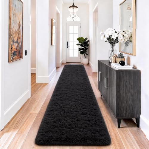 Ophanie 2x10 Runner Rug for Hallway, Upgrade Non-Slip Fluffy Soft Bedside Rugs, Bedroom Living Room Black Shaggy Black Carpet for Girls Boys Dorm Decor Aesthetic with Over 99 pcs Pile fibers by Ophanie