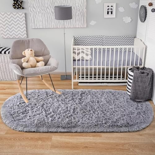 Noahas 2.8x6.3 Grey Fluffy Soft Oval Rug Non-Slip for Bedroom Dorm Hallway - Image 5