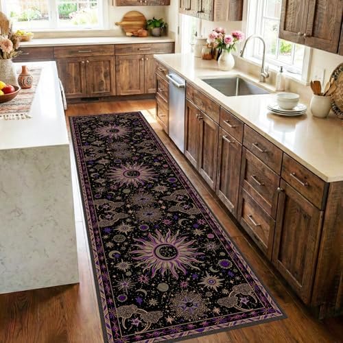 Vacuum-Friendly, 2x8 Washable Area Rug, Black Purple Beige by meejou