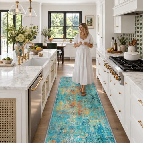 RELEANY Washable Runner 2'x6' Abstract Area Rug for Hallway Teal Multi - Image 2