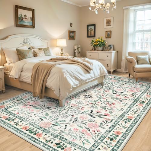 PLHXFR 8x10 Area Rug Living Room: Floral Washable Boho Carpet Green Beige - Image 3