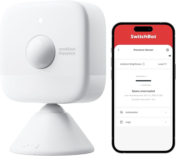 SwitchBot Smart mmWave Radar Motion Sensor, Bluetooth Presence Sensor with Dynamic Detection & Zone Positioning, Compatible with Alexa, HomeKit & Apple Home via SwitchBot Hub, 2-Year Battery Life
