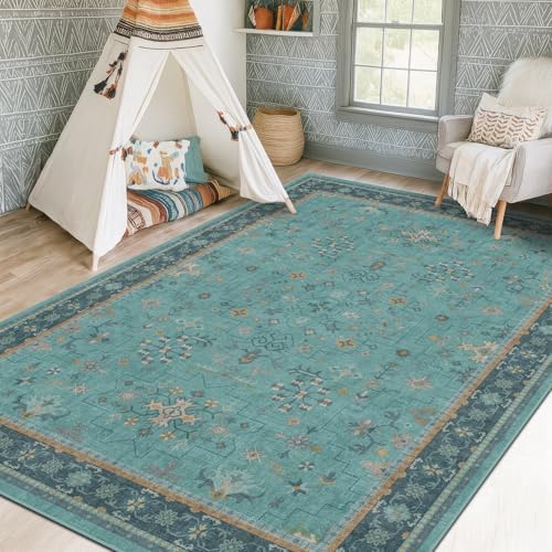 5x7 Teal Rug for Living Room, Boho Turquoise Rugs for Bedroom, Modern Eclectic Low-Pile Carpet for Dining Table, Washable Non-Slip with Rubber Back - Image 3