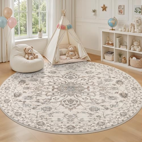 Round Area Rug for Living Room: 6ft Boho Washable Rug Brown Beige - Image 5