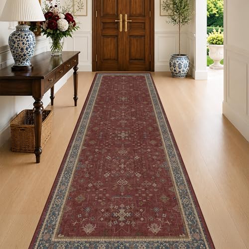 Burgundy 3x10 Long Runner Rug for Hallway - Washable Large Kitchen Rug, Low Pile Thin Carpet for Bedroom Bedside, Foyer, Non Slip Unique Bohemian Red Décor by HazoHaus