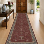 Burgundy 3x10 Long Runner Rug for Hallway - Washable Large Kitchen Rug, Low Pile Thin Carpet for Bedroom Bedside, Foyer, Non Slip Unique Bohemian Red Décor by HazoHaus