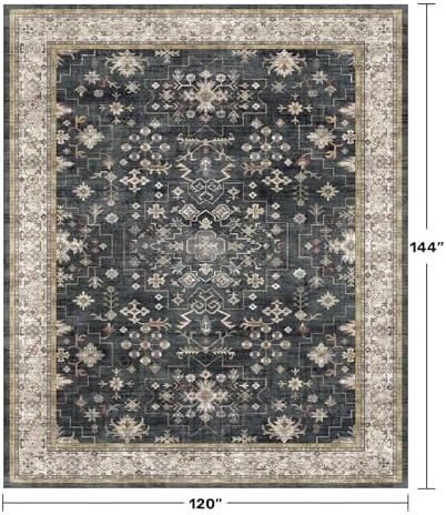 Boho Black Rug for Living Room - Washable 10x12 Area Rug, Dining Room Rugs for Under Table, Soft Low Pile Carpet for Bedroom - Farmhouse Decor, Non-Slip & Stain Resistance - Image 2