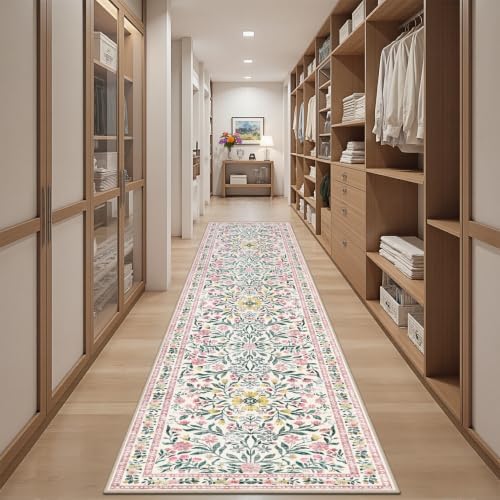 PLHXFR 3x10 Washable Runner Rug：Floral Indoor Kitchen Carpet Pink Green - Image 5
