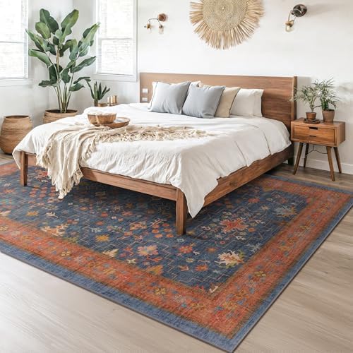 Washable Navy Blue Living Room Rug, 8x10 Area Rug For Bedroom, Dining Room Rugs for Under Table - Low Pile Non-Slip Rubber Backing Stain Resistant Rug - Aethestic Boho Home Decor (8x10 Navy Blue) - Image 6