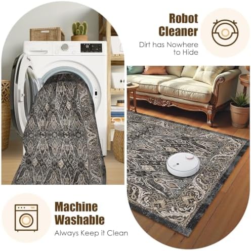 Washable Area Rug 9' x 12' Vintage Traditional Persian Mat - Foldable Distressed Non-Slip Machine Washable Carpet for Living Room Bedroom Kitchen Home Decor - Ebony and Taupe - Image 7