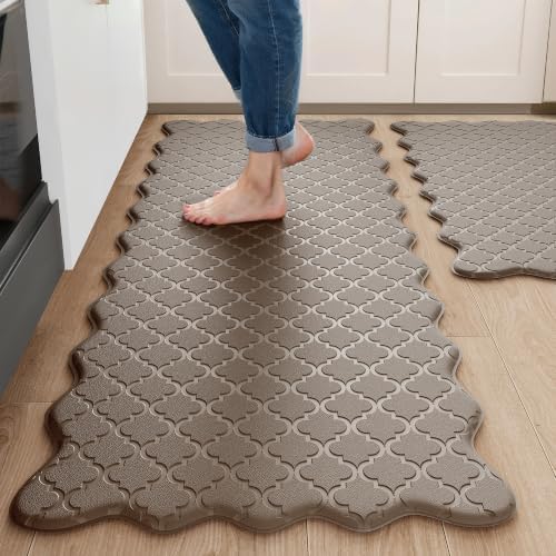 Arenarug Upgrade Scalloped Kitchen Mats for Floor 2PC, Brown Kitchen Rugs by ArenaRug