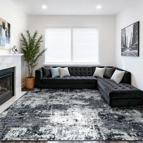 RELEANY Washable 10'x12' Abstract Area Rug for Living Room Black White by RELEANY