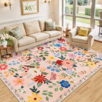 PLHXFR Area Rug Living Room: 5x7 Floral Washable Boho Soft Carpet Beige - Image 2