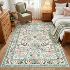 PLHXFR Area Rug Living Room: 3x5 Floral Washable Boho Carpet Green Beige - Image 2