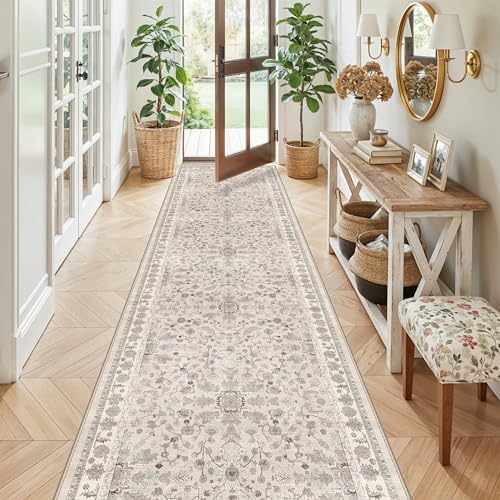 3x12 ft Long Kitchen Runner Rug - Non-Slip Washable Hallway Rug with Rubber Backing,Boho Floral Soft Low Pile Floor Carpet Runner for Entryway,Bedroom,Living Room（Beige,3x12） by BYYVOORugsforYourHome