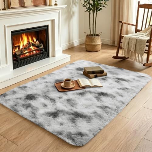 3x5 Tie-Dyed Grey and White Fluffy Area Rug Non-Slip for Bedroom Entryway - Image 4