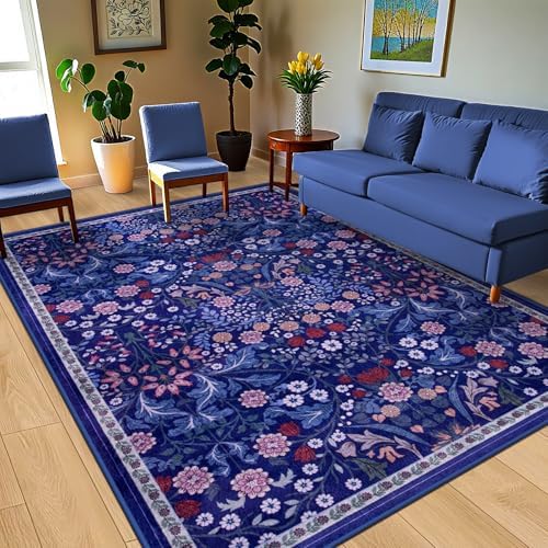 PLHXFR Area Rug 9x12 Living Room: Floral Washable Boho Soft Carpet Blue - Image 2