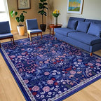 PLHXFR Area Rug 10x14 Living Room: Floral Washable Boho Soft Carpet Blue - Image 2