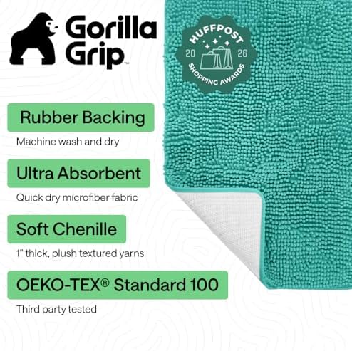 GORILLA GRIP Bath Rug Mat for Bathroom, Absorbent Chenille, 36x24 Turquoise - Image 2