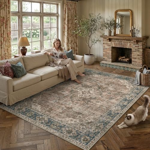 HUGEAR 6x9 Blue Brown Retro Floral Washable Area Rug for Living Room - Image 2