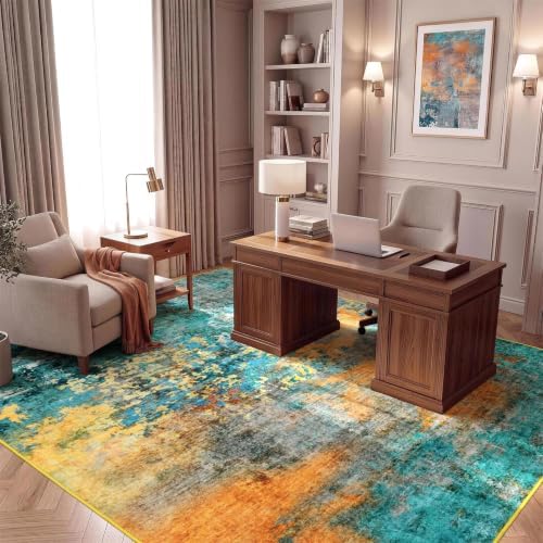 9x12 Area Rug for Living Room, Abstract Washable Large Rugs, Teal/Orange - Image 7