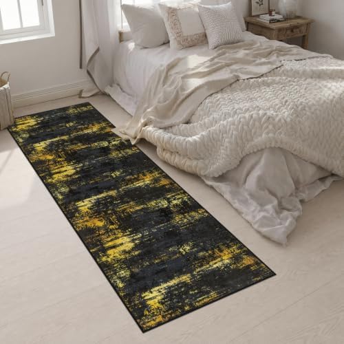 2.6x10 Washable Runner Rug:Modern Abstract Soft Carpet Black Gold - Image 5