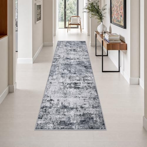 2.6x10 Washable Runner Rug:Modern Abstract Indoor Soft Carpet Grey by FXRHLP
