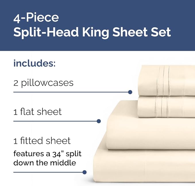 Split Head King Sheet Set – 4 Piece Flex Split Top King Sheets for Adjustable Beds - Fits 14” to 16" Mattress w/ Deep Pockets - Soft, Breathable & Cooling - Luxury Bedding and Wrinkle Free - Off White