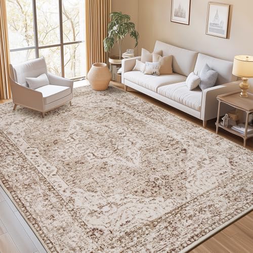 Lofus 9x12 Area Rugs for Living Room, Washable Area Rug, Big Rugs for Bedroom, Kitchen, Vintage Boho Carpet, Soft Non-Slip, Low Pile Large Area Rug for Office Dining Room, Vintage Beige Brown - Image 2