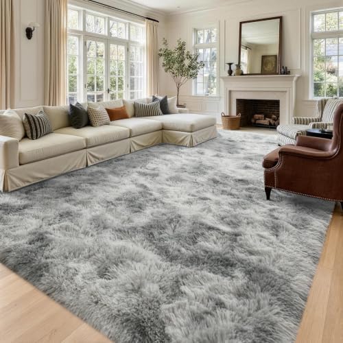 8x10 Extra Large Tie-Dyed Grey Fluffy Area Rug Non-Slip for Living Room - Image 2