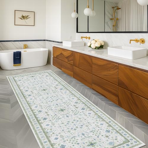 Hazo Haus Oushak Wide Hallway Runner Rug 2'6"x8' - Vintage Turkish Floral, Washable Low Pile Non Slip Extra Long Runners for Kitchen, Hall Way - Cream Blue and Green - Image 3