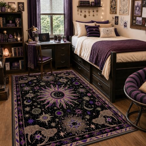 Vacuum-Friendly, 5x7 Washable Area Rug, Black Purple Beige - Image 2