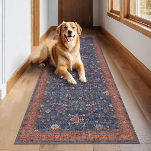 Washable 10 ft Long Runner for Hallway - Navy Blue Kitchen Floor Runner Rug, Pet Friendly Waterproof Non Slip with Rubber Backing, Stain Resistant Laundry Room Rug (3x10 Navy Blue & Terracotta) - Image 6