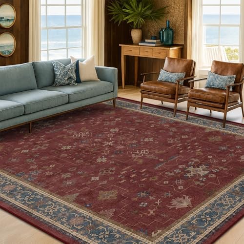 7x9 Dining Room Rugs for Under Table - Vintage Burgundy Boho Living Room Rug, Lightweight Washable Soft Floor Carpet,Southwestern Bed Room Décor Aesthetic - Image 3