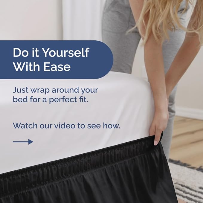 Wrap Around Dust Ruffle Bed Skirt - Black - for King Size Beds w/ 14 Inch Drop - Easy Fit Elastic Strap - Adjustable Pleated Bedskirt w/Brushed Fabric, Wrinkle & Fade Free Women, Men, Kids & Teens