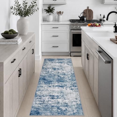 2x5 Washable Runner Rug：Modern Abstract Kitchen Soft Carpet Blue by FXRHLP