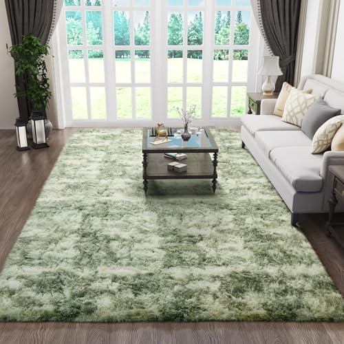 Ophanie 6x9 Green and White Area Rugs for Living Room,Large Sage Green Fluffy Shag Fuzzy Plush Soft Carpets,Floor Shaggy Rugs for Bedroom,Carpet for Kids Girls Dorm Decor with Over 99 pcs Pile fibers - Image 3