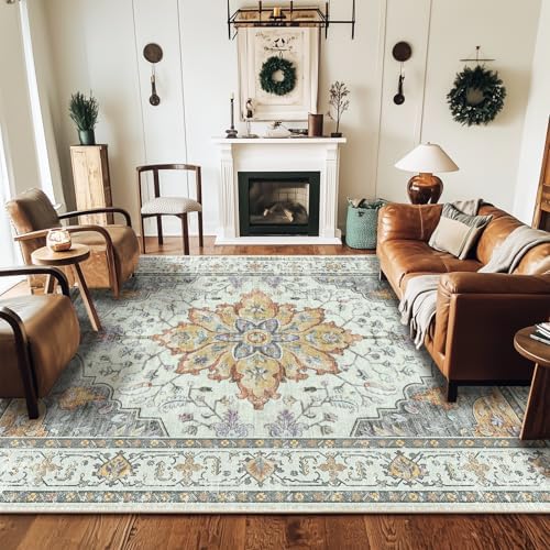 RELEANY Washable Area Rug, 5'x7', Beige/Carbon Grey/Orange - Image 4