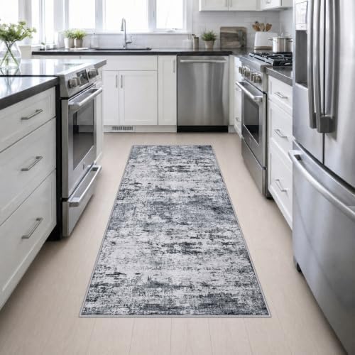 3x8 Washable Runner Rug：Modern Abstract Kitchen Soft Carpet Grey - Image 5