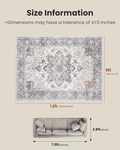 Amada Large 9x12 Washable Area Rug for Living Room, Taupe, Boho Vintage - Image 2