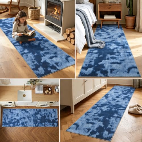 2x8 Tie-dye Dark Teal Runner Rug Washable Non-Slip for Kitchen Hallway - Image 3