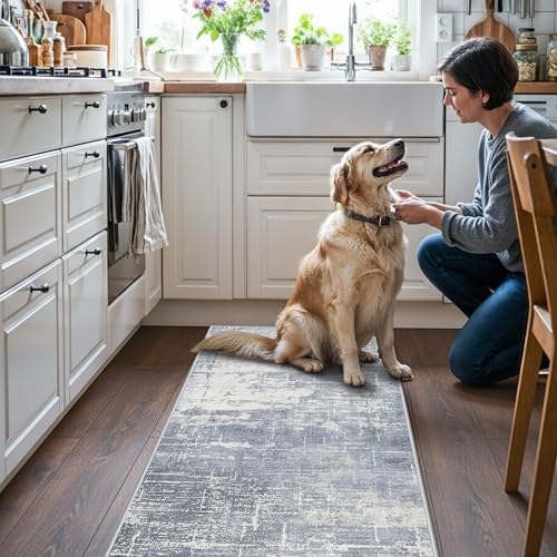 Washable 2x5 Abstract Hallway Runners: Indoor Water Resistant Kitchen Sink Rug Soft Living Room Bedroom Carpet Thin Low Pile Non Slip Floor Mat for Bathroom Entrance Laundry Room(2X5,Blue/Ivory) - Image 4