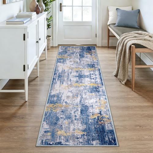 RELEANY Washable Runner 3'x8' Abstract Area Rug for Hallway Blue Gold - Image 2