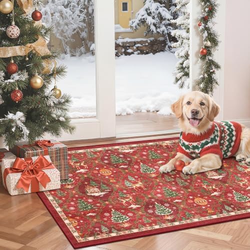 Madane Christmas Area Rug 2x3, Red Entryway Xmas Carpet Holiday Decor by Madane