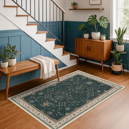 Hazo Haus Dark Green 4x6 Living Room Rug - Modern Vintage Boho Floral Forest, Washable Low Pile Non-Slip Area Rugs for Door Mat Entrance, Mudroom, Kitchen, Bedroom Beside Bed, Office - Image 3