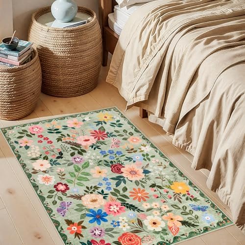 PLHXFR 2x3 Small Entryway Rug: Floral Washable Indoor Soft Carpet Green - Image 3