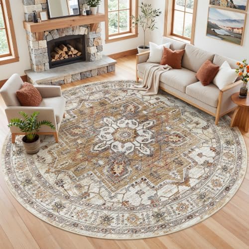 Madane Washable 9ft Circle Round Rug, 9x9 Circular Area Rugs, Turmeric/Grey - Image 2