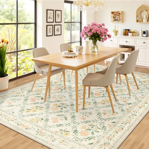 PLHXFR Area Rug Living Room: 4x6 Floral Washable Boho Carpet Beige Multi - Image 4