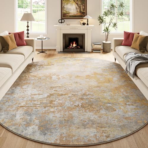 Beige Gold Round Rugs 6ft Washable Circle Area Rug for Entryway Kitchen, Non Slip Soft Low Pile Stain Resistant, Boho Circular Carpet for Living Room Bedroom Dorm Dining Room Table, Abstract - Image 4